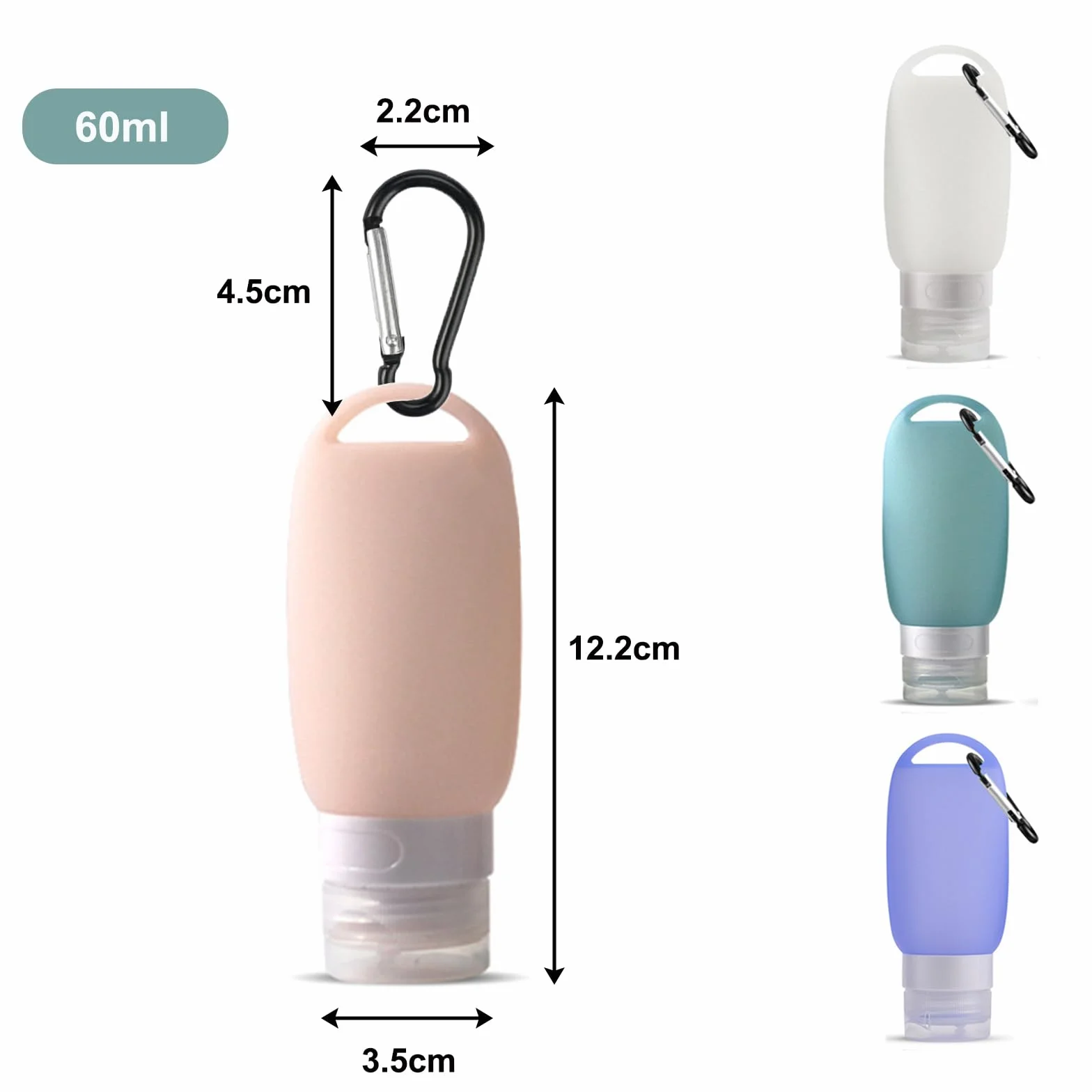 4 Pezzi Bottiglie da Viaggio in Silicone, 60 ml Contenitori Ricaricabili Kit Contenitori da Viaggio Flaconi Morbidi con Moschettone per Shampoo, Balsamo e Lozione