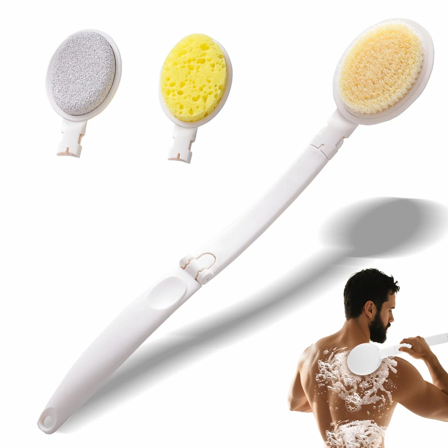 3 in 1 Spazzola per la schiena Doccia, con manico lungo pieghevole, applicatore per lozione da doccia, con testine intercambiabili (spugna, nylon, pietra pomice)