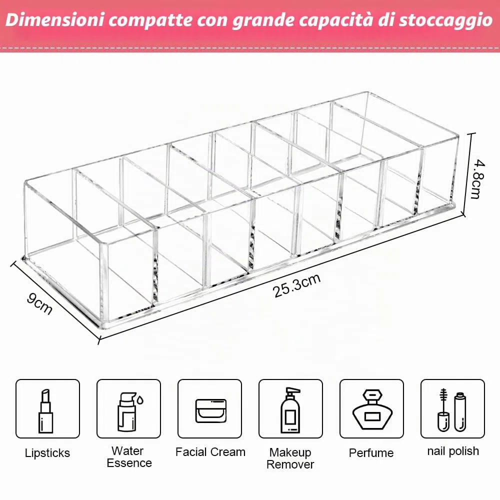 QINERSAW 2 Organizer per Trucchi 8 Scomparti in Acrilico Organizer Trucchi Trasparente Rimovibili Scatola Portaoggetti per Cosmetici per bagno, Camera da Letto (25.3 * 9 * 4.8CM)