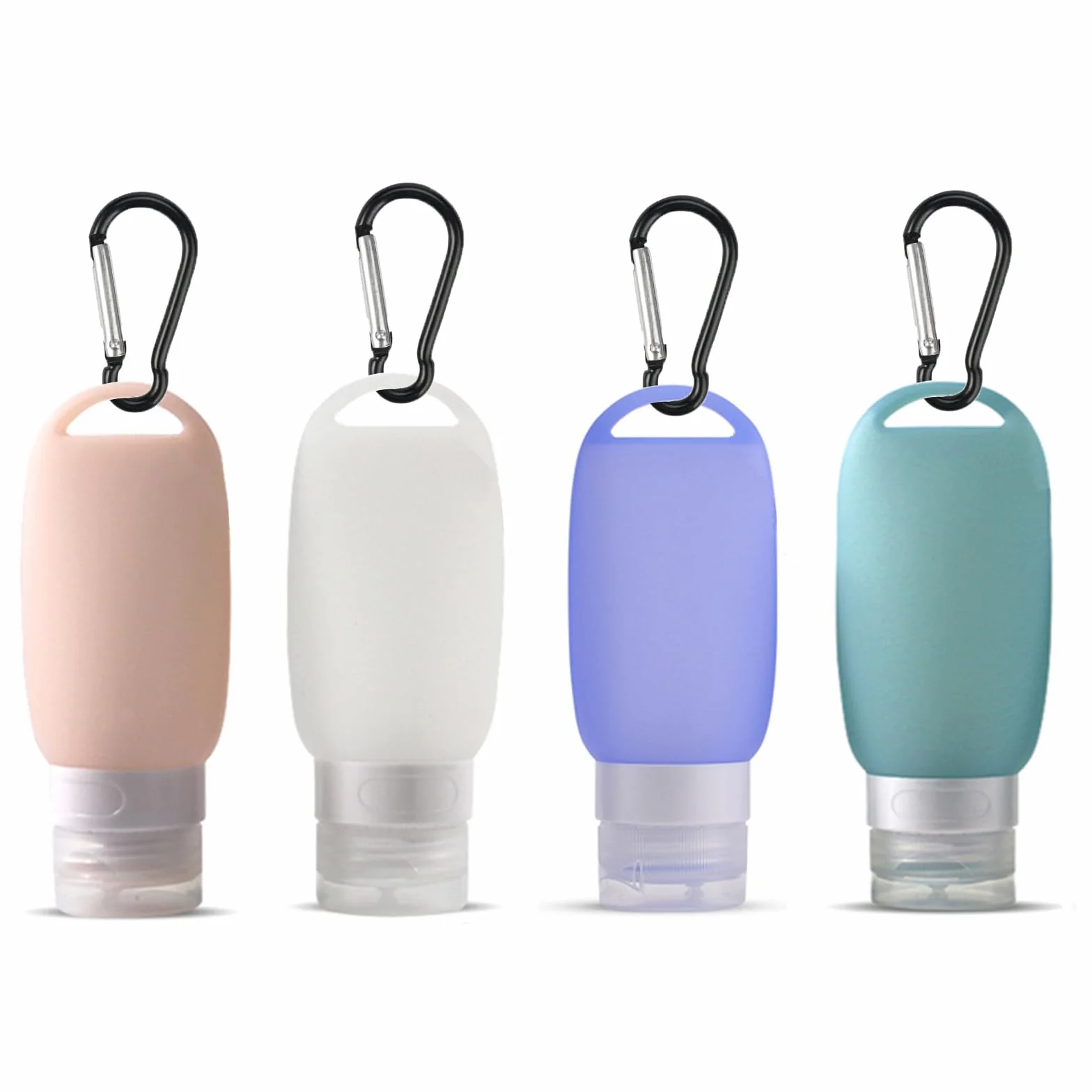 4 Pezzi Bottiglie da Viaggio in Silicone, 60 ml Contenitori Ricaricabili Kit Contenitori da Viaggio Flaconi Morbidi con Moschettone per Shampoo, Balsamo e Lozione