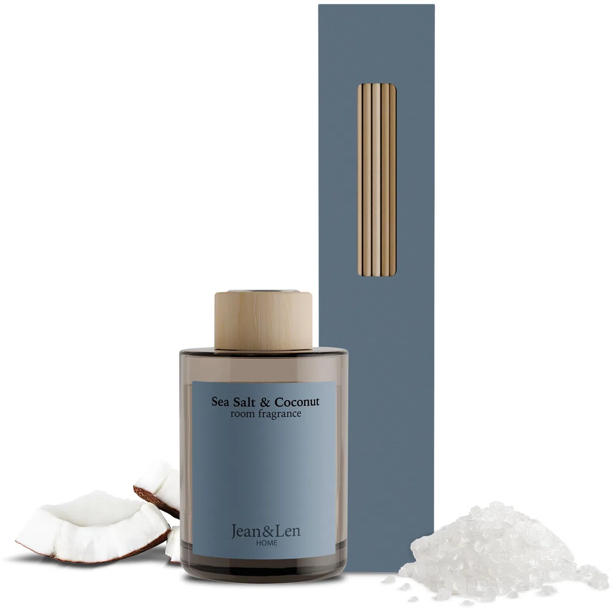 Jean & Len Scented Room Diffusor Sea Salt & Coconut, profumo per ambienti con bastoncini in rattan, regala 6 settimane di piacevole esperienza olfattiva, combinazione sensuale, vegano, 100 ml