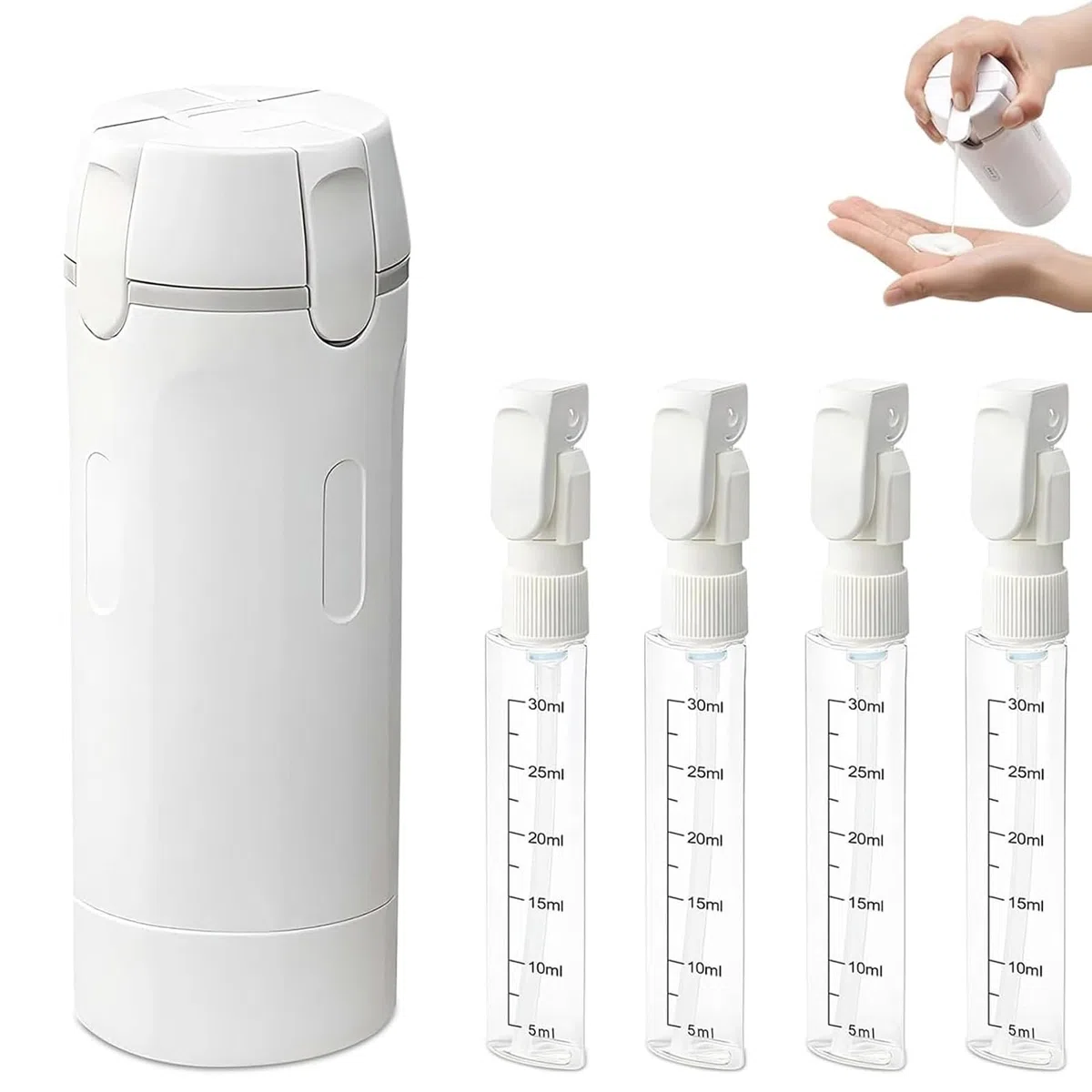 Dispenser da viaggio ricaricabile, 4 in 1, ricaricabile, in silicone, a prova di perdite, per shampoo, lozione, gel doccia (bianco)