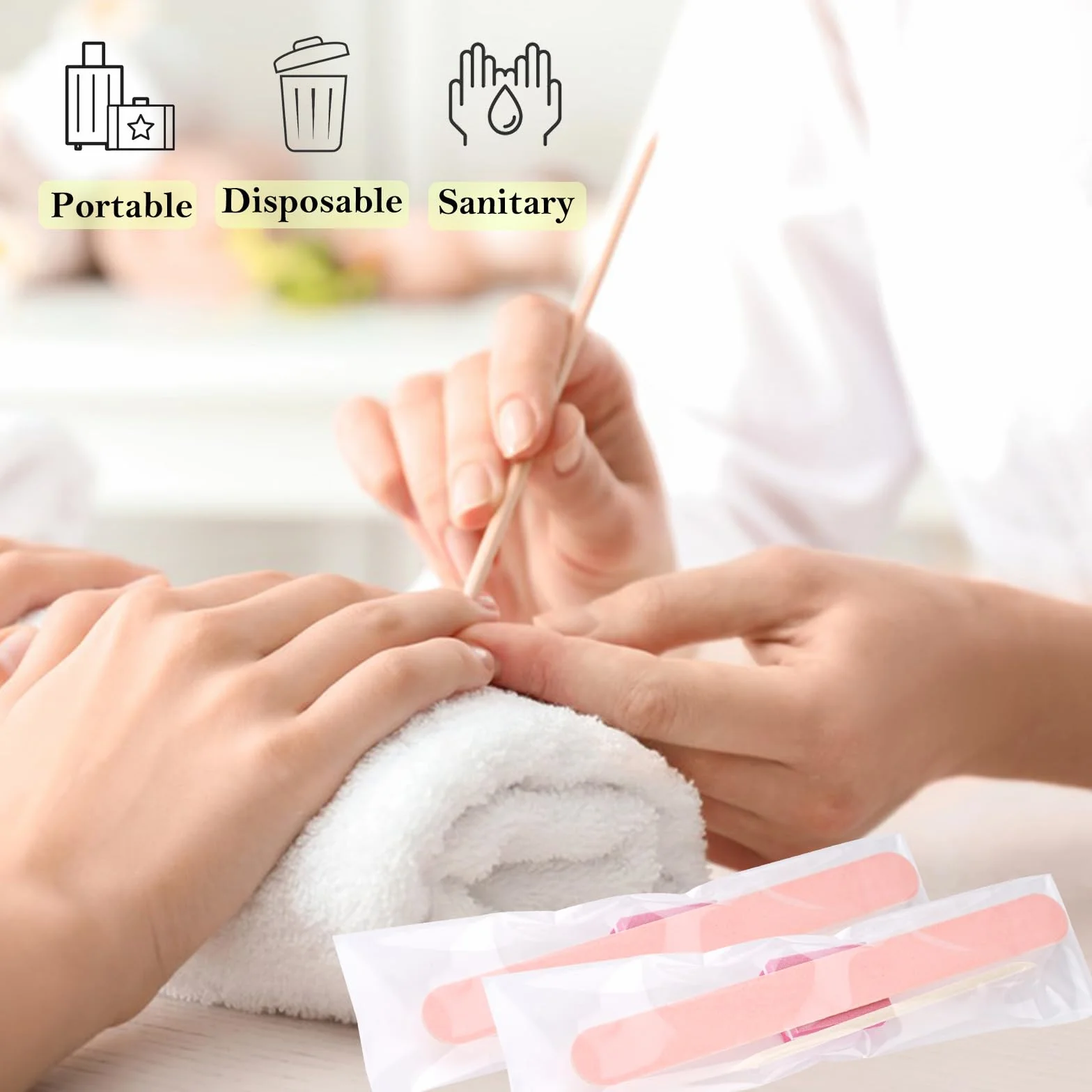 Kit di manicure usa e getta, 50 pezzi, include: 50 lime per unghie, 50 lucidatrici in miniatura, 50 bastoncini in legno, 50 sacchetti OPP + kit di accessori per unghie pressati, soggiorno e casa (rosa