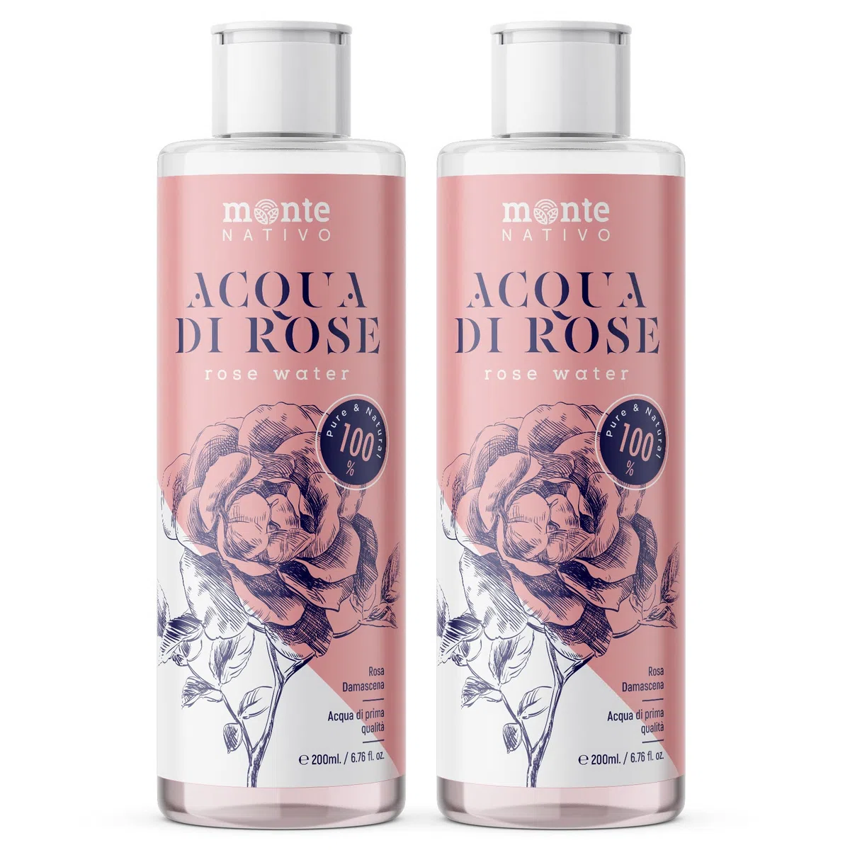 Acqua di Rosе Purа Monte Nativo 2x200ml (400ml) - Tonico Acqua alle Rose 100% Naturale - Tonico viso - Idrolato di Rosa - Doppia Distillazione di Vapore Acqueo - Skincare