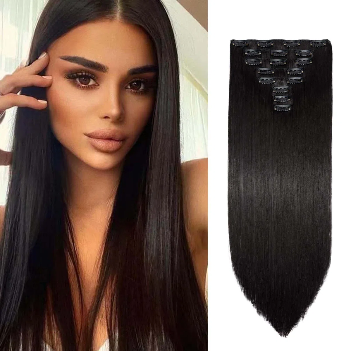 Extension Clip Capelli Lisci Marrone Scuro 8pcs Extension Capelli Finti Clip Posticci per Capelli Naturali Sintetici Clip in Hair Extension Morbido Parrucchino Lungo Dritto Full Head 65cm