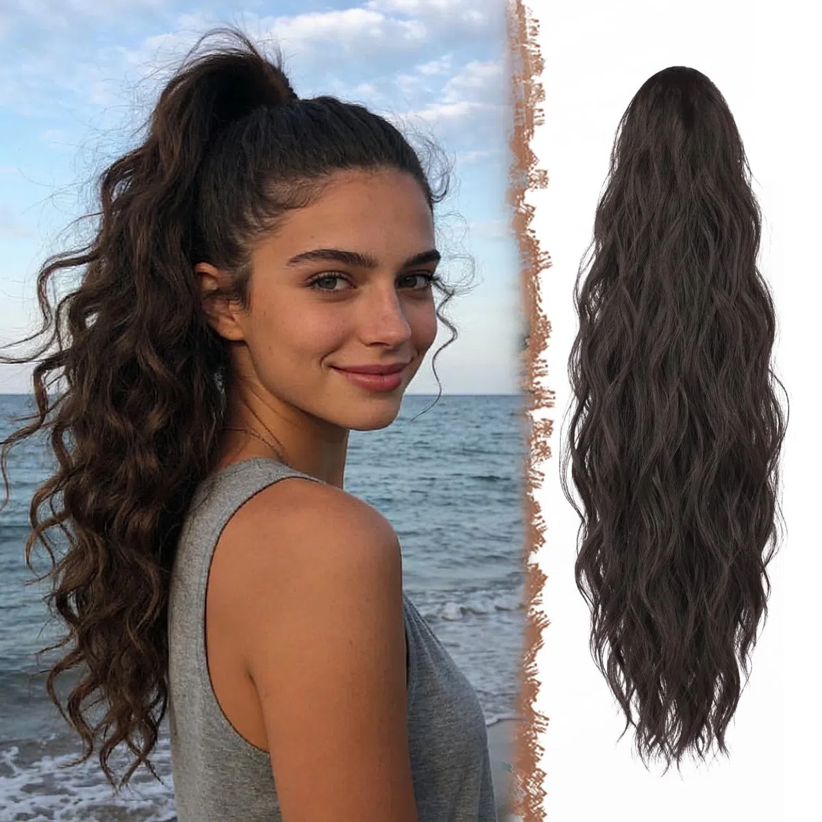 Extension Capelli con Pinza Coda di Cavallo - Capelli Sintetici Ondulati Naturali 63cm per Donne, Code Finta Posticcio Nero Marrone - Facile da Indossare per Serata Matrimonio Giorno