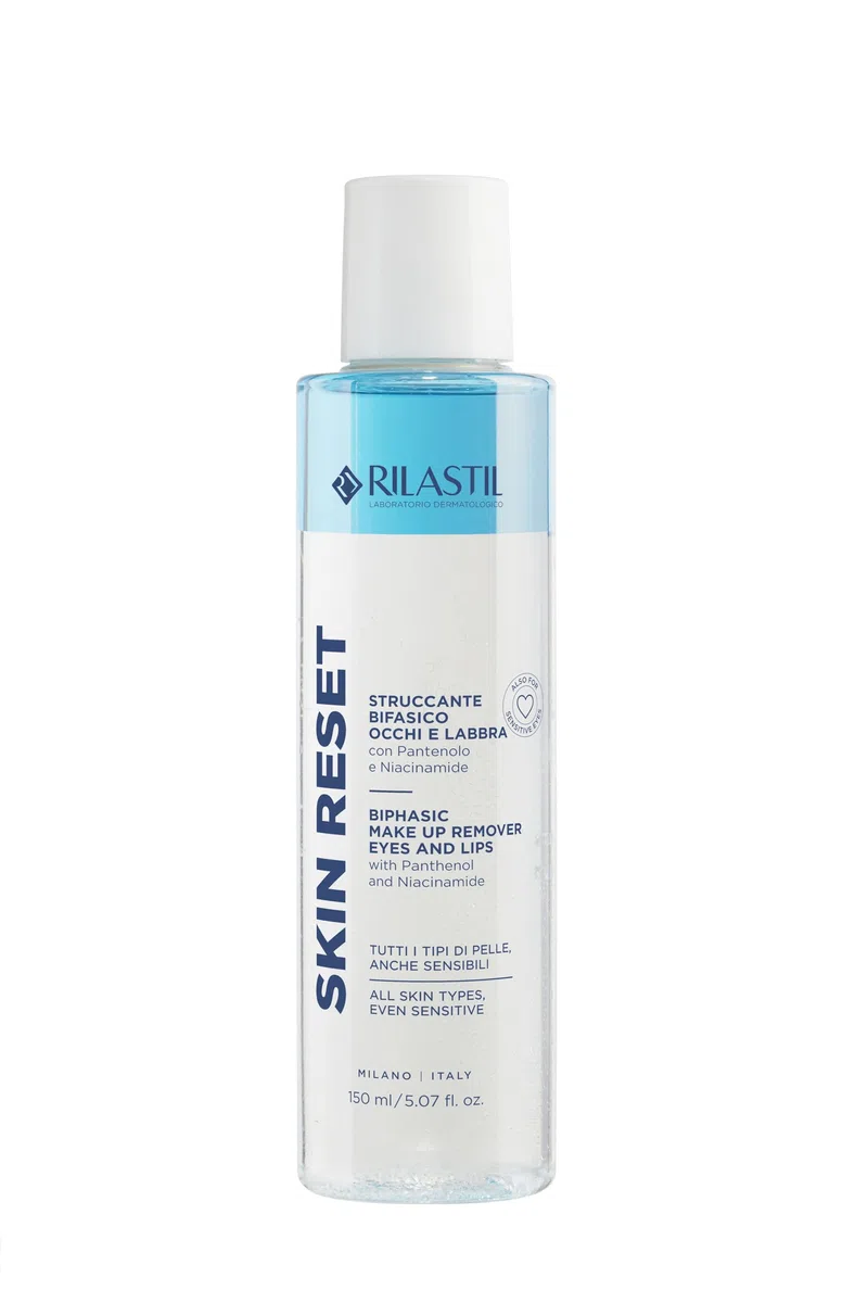 Rilastil Skin Reset Struccante Bifasico Occhi e Labbra, Rimozione Trucco Waterproof, con Pantenolo e Niacinamide, 150 ml