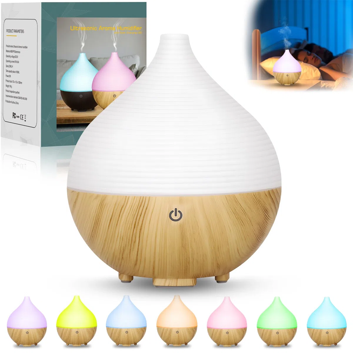Diffusore di aromi, 160 ml, piccolo, ad ultrasuoni, diffusore per oli essenziali, diffusore di venature del legno, spegnimento automatico senza acqua, LED 7 colori, per casa, ufficio o yoga