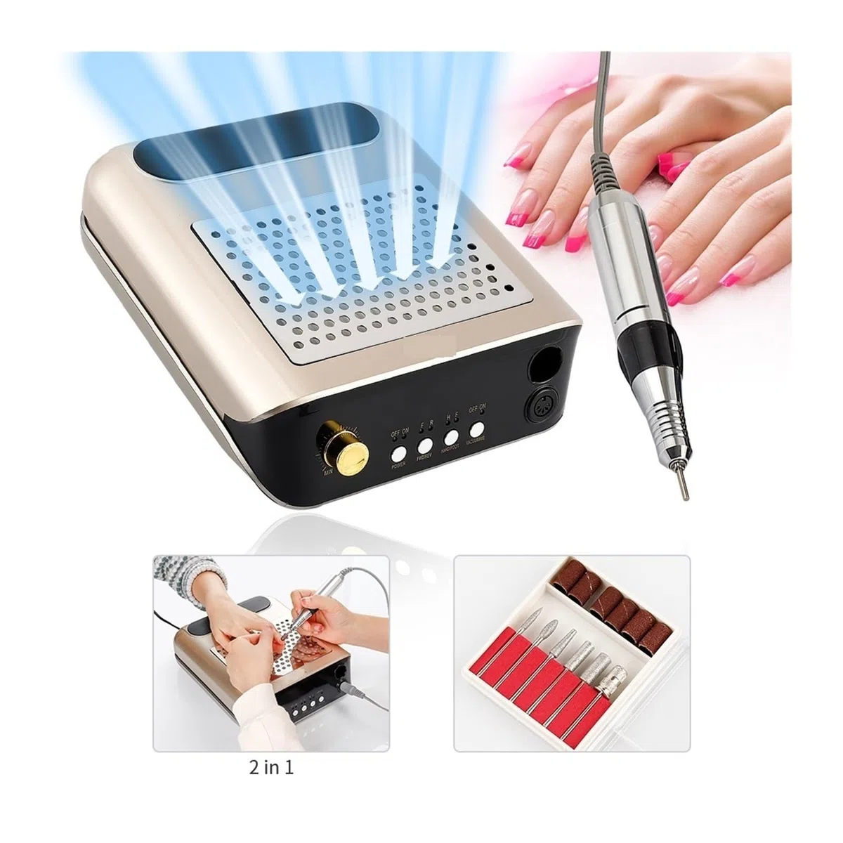 MRKU Aspiratore per Polvere per Fresa per Unghie con Filtro Lavabile, aspirazione silenziosa, aspirapolvere per Manicure 2 in 1, 65 W 2500 RPM, manipolo Elettrico, Lima, Kit per Unghie.