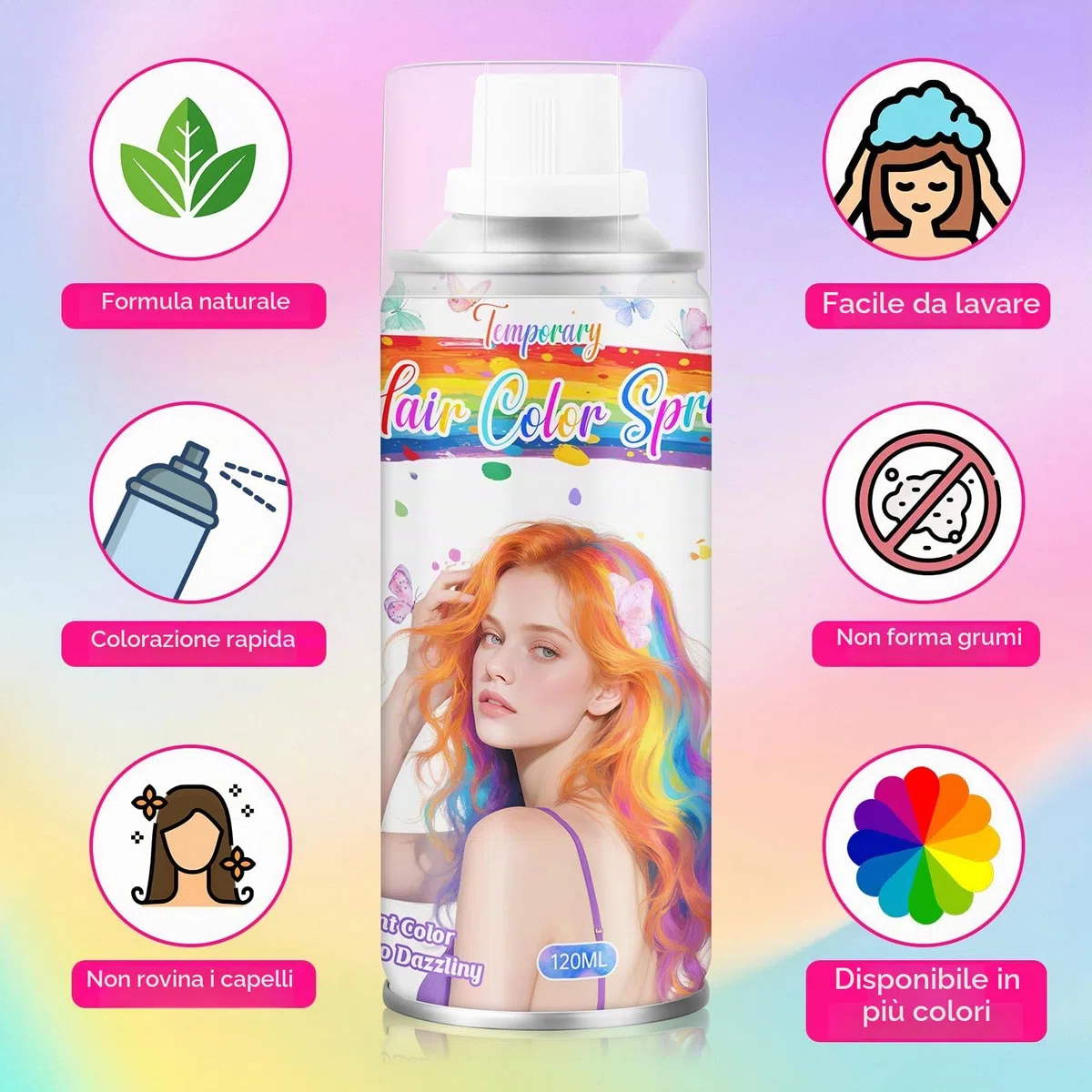 Spray per Colorazione Temporanea Rosa per Capelli per Ragazze e Donne - Tinta per Capelli Lavabile per Ritocco Radici, Cera per Capelli Non Appiccicosa per Natale, Feste (120ML, Rosa)