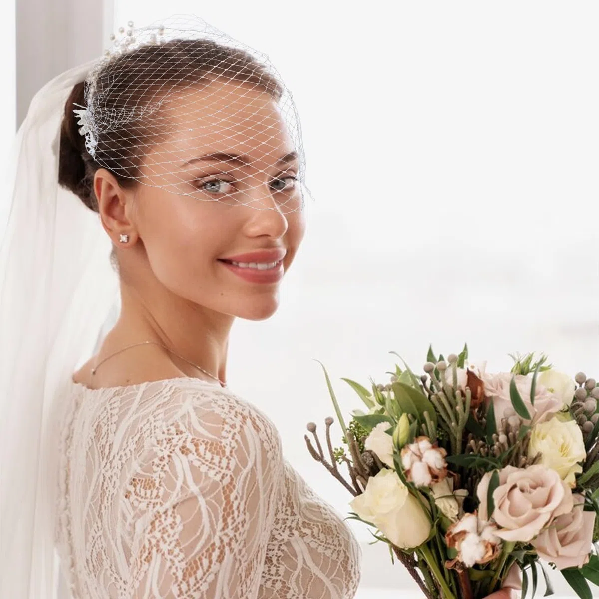 NICENEEDED Pettine per Capelli In Tulle Birdcage Veil, Velo Da Sposa con Applicazioni In Pizzo con Pettini per La Decorazione Del Tea Party, Fascinator per Velo Da Sposa con Fiori Antiscivolo