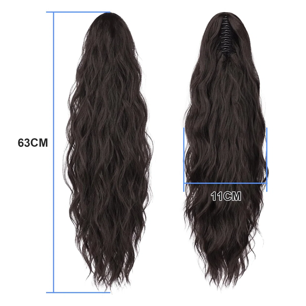 Extension Capelli con Pinza Coda di Cavallo - Capelli Sintetici Ondulati Naturali 63cm per Donne, Code Finta Posticcio Nero Marrone - Facile da Indossare per Serata Matrimonio Giorno