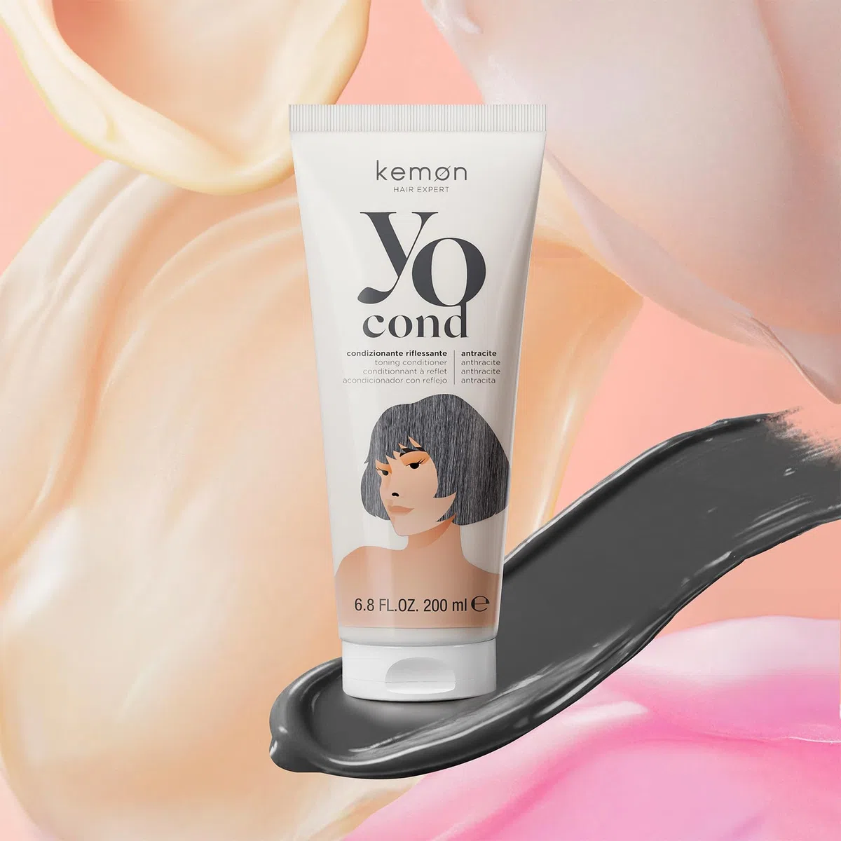 Kemon Yo Cond Antracite - Maschera Riflessante Professionale con Formula YoVeg e Velian Complex, Nutre e Illumina i Capelli in 3 Minuti, 88% Ingredienti Naturali, 200 ml