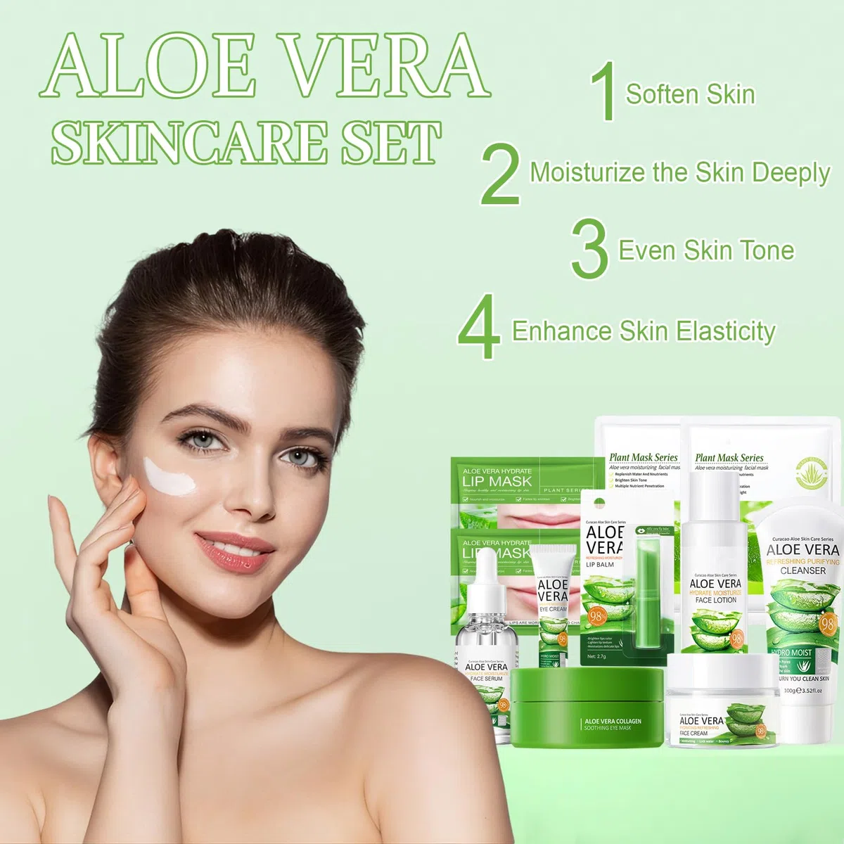 Kit per la Cura della Pelle Aloe Vera 11 Pezzi con Detergente,Crema,Siero,Tonico,Maschera,Cerotti per Gli Occhi,Balsamo per le Labbra,Aloe Vera Skincare Set Regalo di Bellezza per Donne e Ragazze