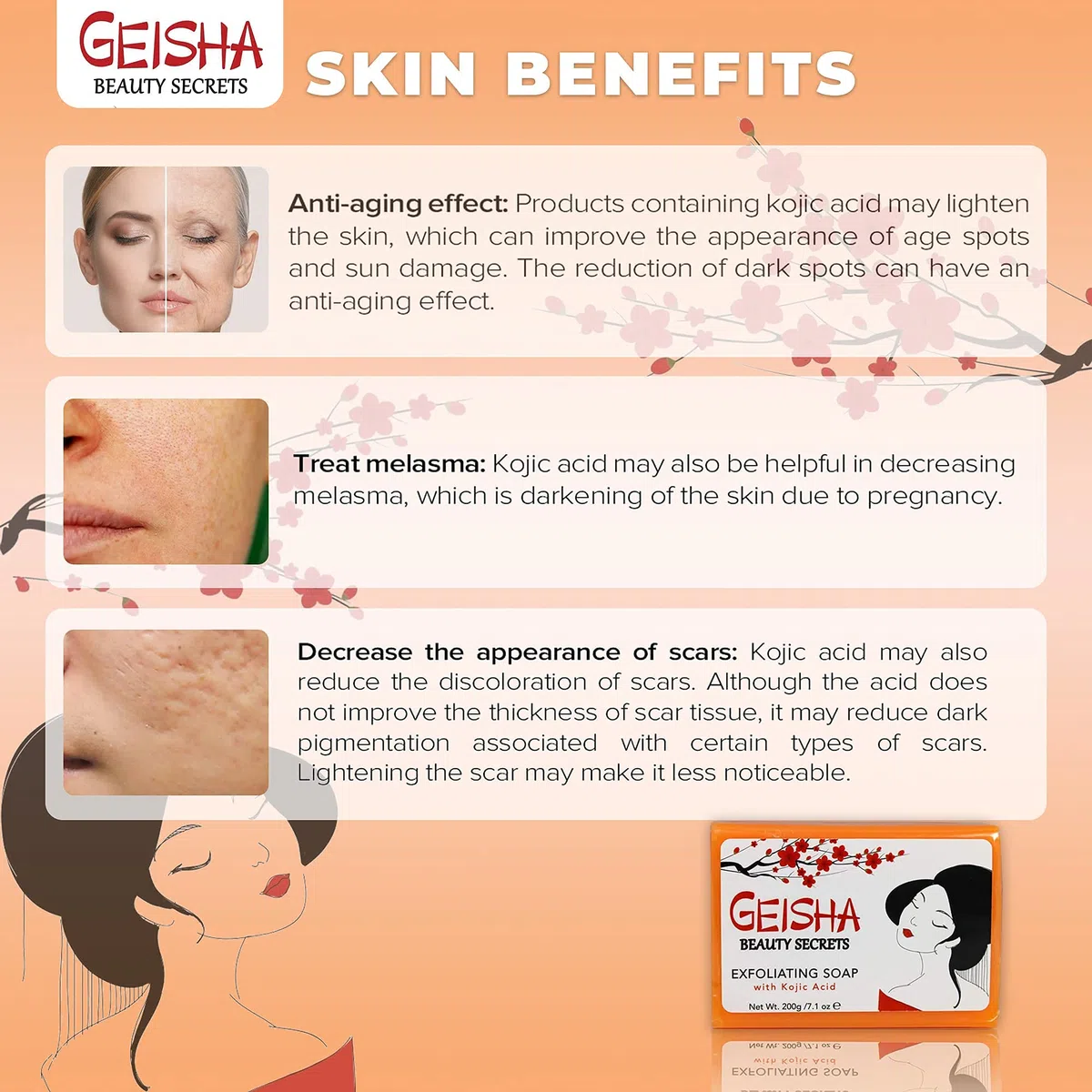 Geisha, Kojic Acid Soap | 200 grams / 7 oz | Reduce Acne Scars, Hyperpigmentation, Uneven Skin Tone | Dark Spots Remover for : Face, Body, Knees