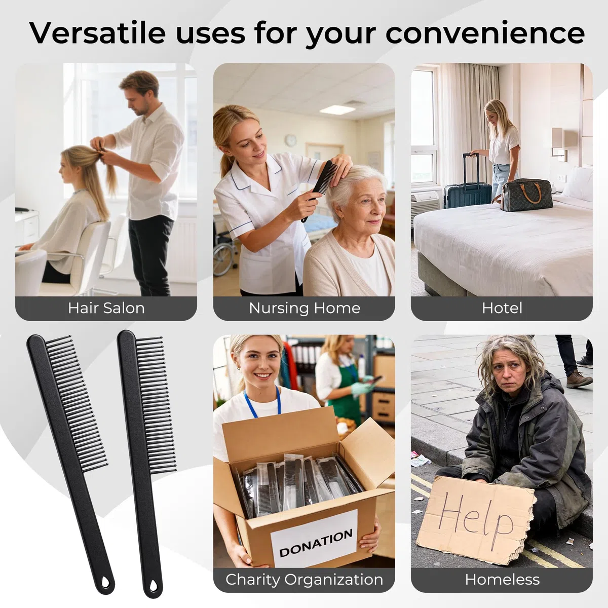 Pettini neri per capelli, semplici e alla moda, adatti per hotel, viaggi, casa, rifugi, senzatetto, case di cura, enti di beneficenza (confezione da 60)