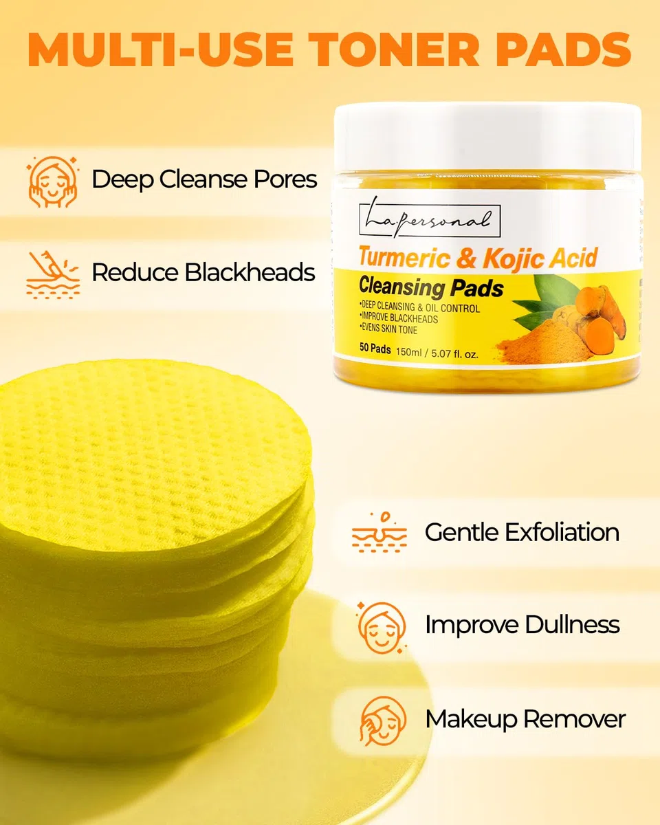 LA.PERSONAL Dischetti Detergenti, Dischetti Pulizia Viso, per Brufoli e Punti Neri, Pad Esfolianti Curcuma, per Macchie Scure, Pelle Opaca & Sbloccare i Por, Liscio e Luminoso, 50 Pezzi