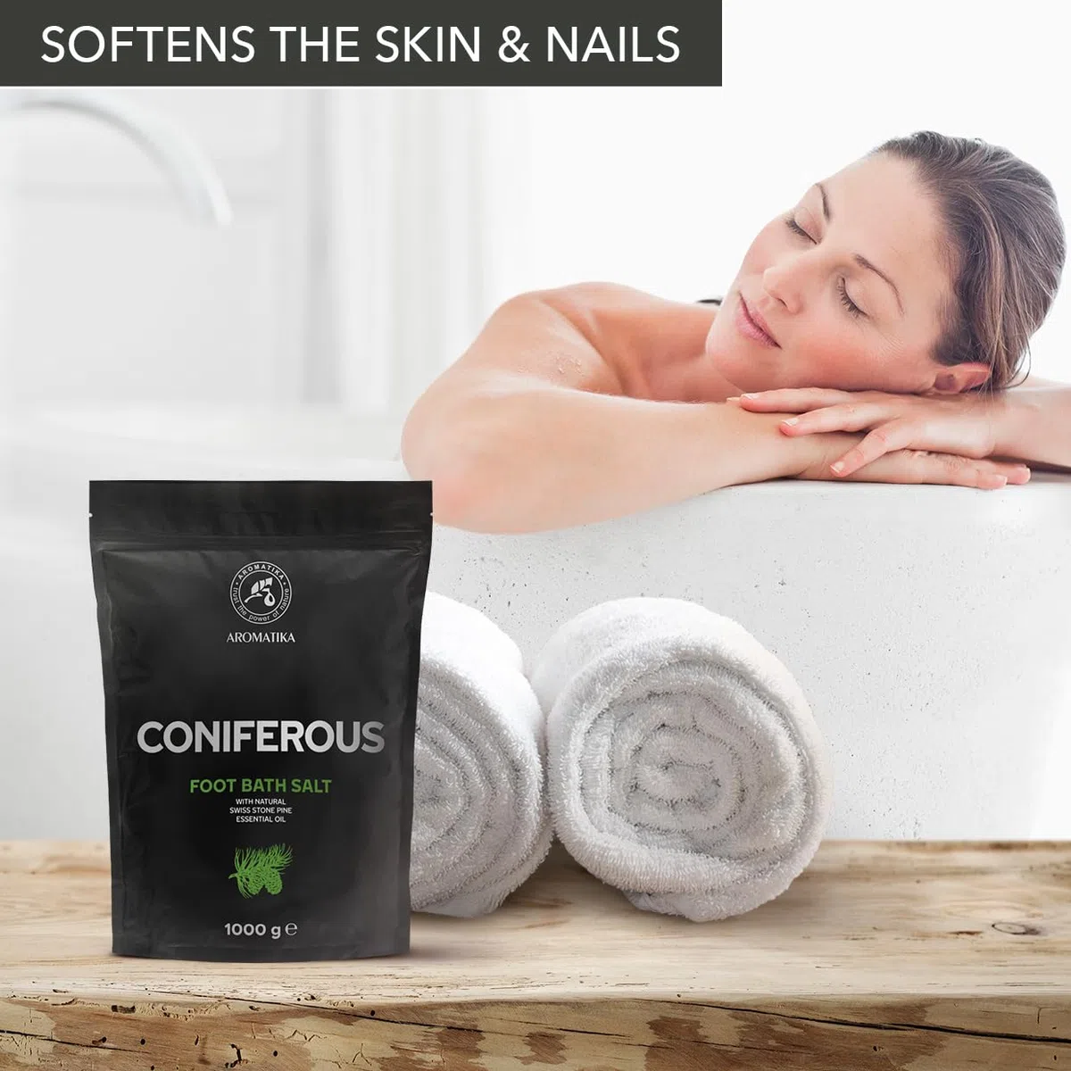 Sale per Pediluvio di Conifere 1000g - Pediluvio al Sale Marino Naturale - Sali da Pediluvio con Olio Essenziale di Pino Cembro Svizzero - Pediluvio - Unghie - Pedicure - Sali Profumati da Bagno