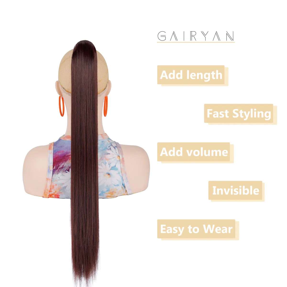 60cm Coda Finta Capelli Extension Lisci con Pinza Posticci per Capelli Sintetici Extension Coda Capelli Lunghi Clip Coda di Cavallo Claw Ponytail Naturale per Donna, Marrone scuro & Auburn