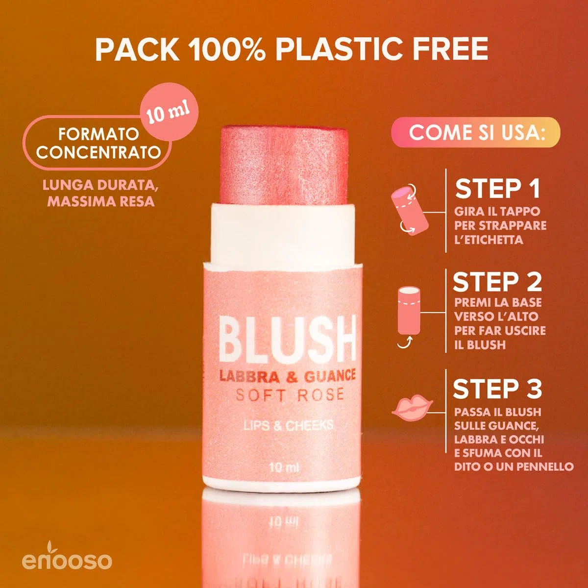 Enooso - Blush in crema stick per Guance Labbra e Occhi ROSA - Illuminante Viso Naturale Profumato e Nutriente con Miche - Glassy Make up 100% Vegan e Artigianale - Made in Italy