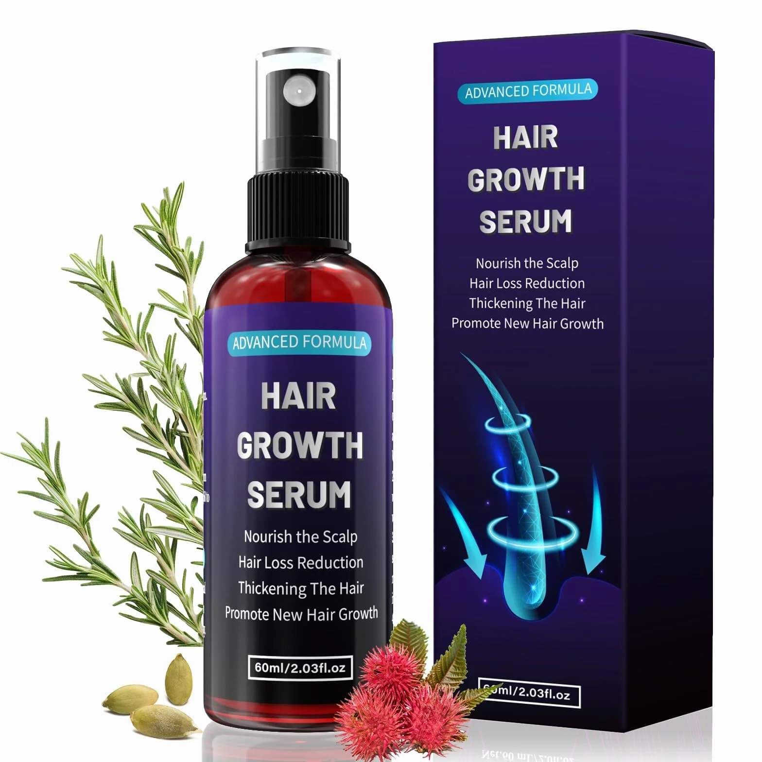 Siero Crescita Capelli con Olio di Ricino, Batana e Rosmarino, Hair Growth Serum Spray, Anticaduta & Crescita Capelli Veloce Donna e Uomo, Rinforza Cuoio Capelluto e Hair, Stimola Barba, 60 ml