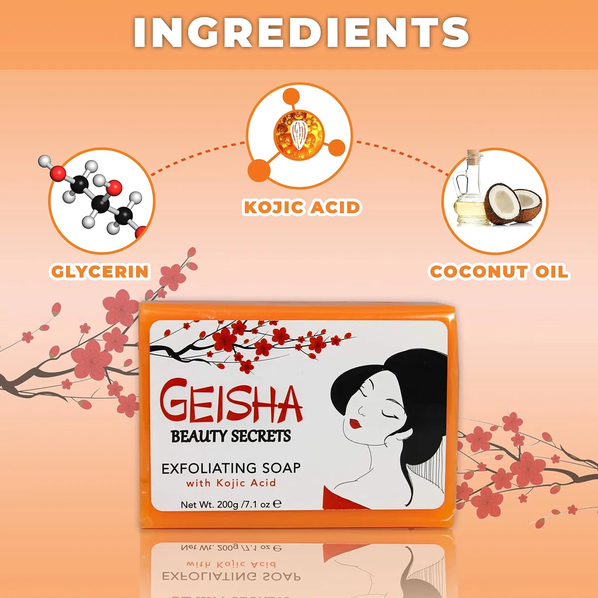 Geisha, Kojic Acid Soap | 200 grams / 7 oz | Reduce Acne Scars, Hyperpigmentation, Uneven Skin Tone | Dark Spots Remover for : Face, Body, Knees