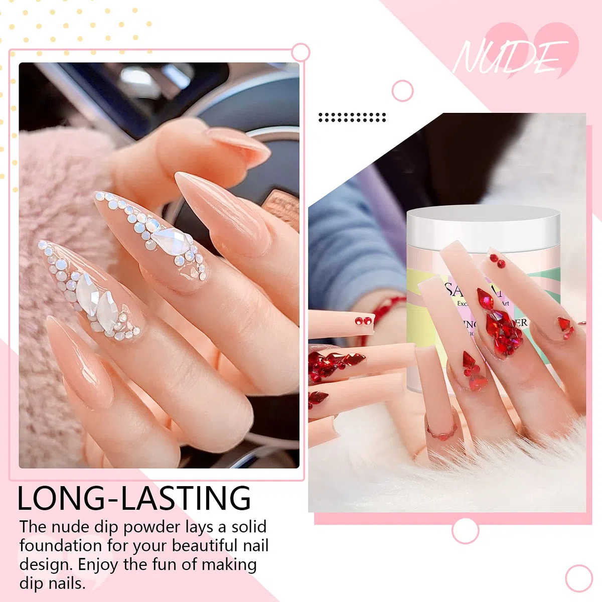 Saviland 60 g di cipria rosa nuda – 2,1 once grande bottiglia di tuffo in polvere French Nail Art Starter manicure, rafforzare la polvere per unghie, set di nail art, senza lampada per unghie