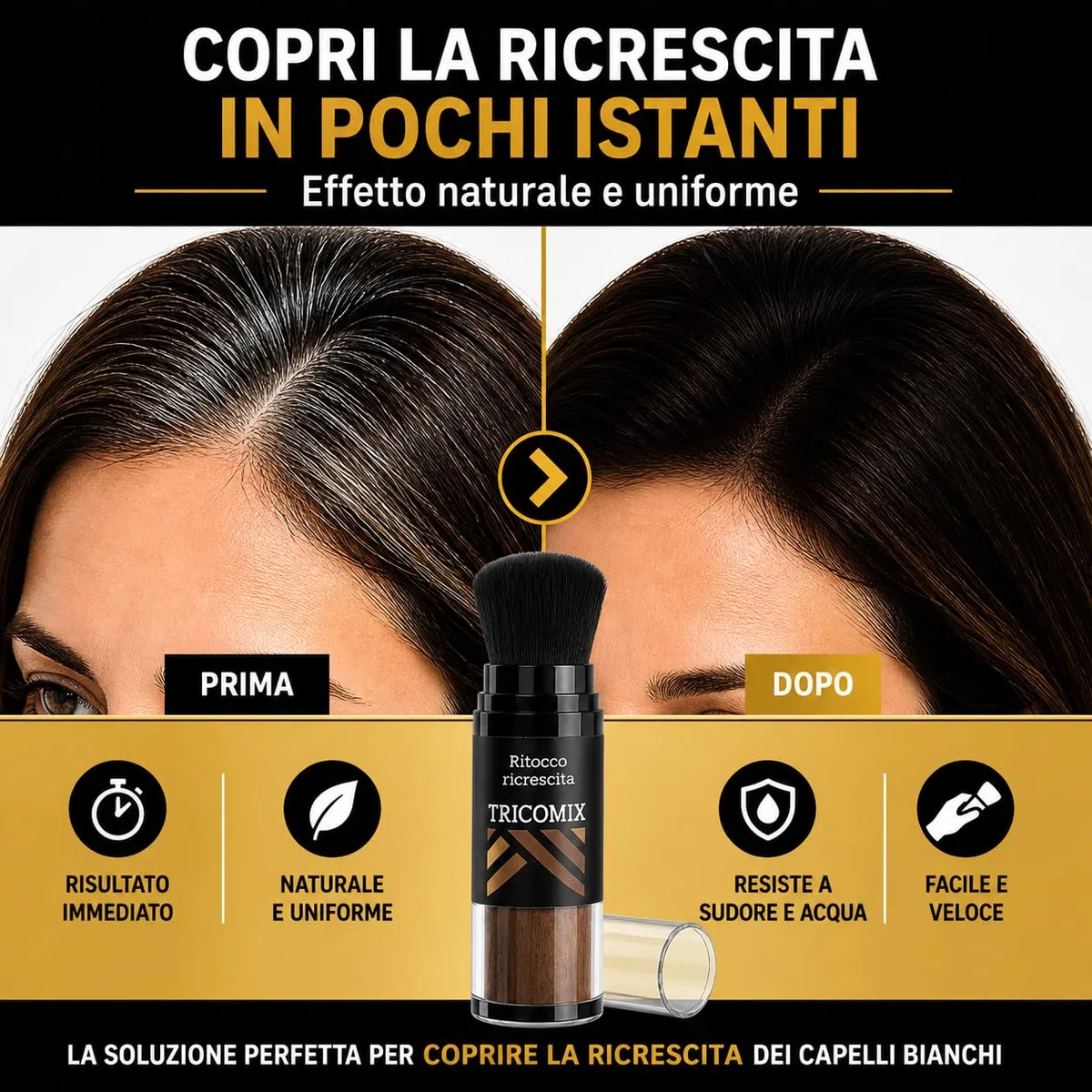 Ritok Hair BROWN (Castano chiaro) 3g | Copri Ricrescita Capelli Bianchi – Polvere Coprente Istantanea per Ritocco Radice con Pennello Applicatore – Effetto Naturale, Resiste a Sudore e Acqua
