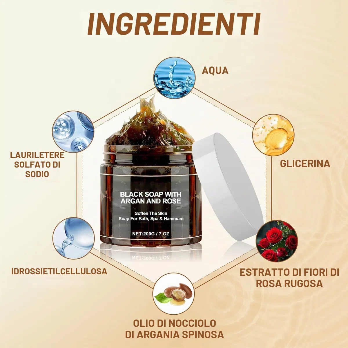 Sapone Nero Marocco con Argan e Rose,Morocco Black Soap con Guanto Esfoliante Corpo,100% Sapone Nero Marocchino Organico,Sapone Nero Scrub Corpo Sapone,Peeling Gel Doccia per Pelle Morbida
