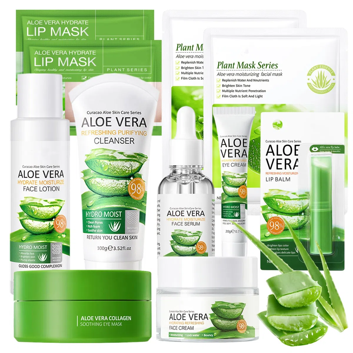 Kit per la Cura della Pelle Aloe Vera 11 Pezzi con Detergente,Crema,Siero,Tonico,Maschera,Cerotti per Gli Occhi,Balsamo per le Labbra,Aloe Vera Skincare Set Regalo di Bellezza per Donne e Ragazze