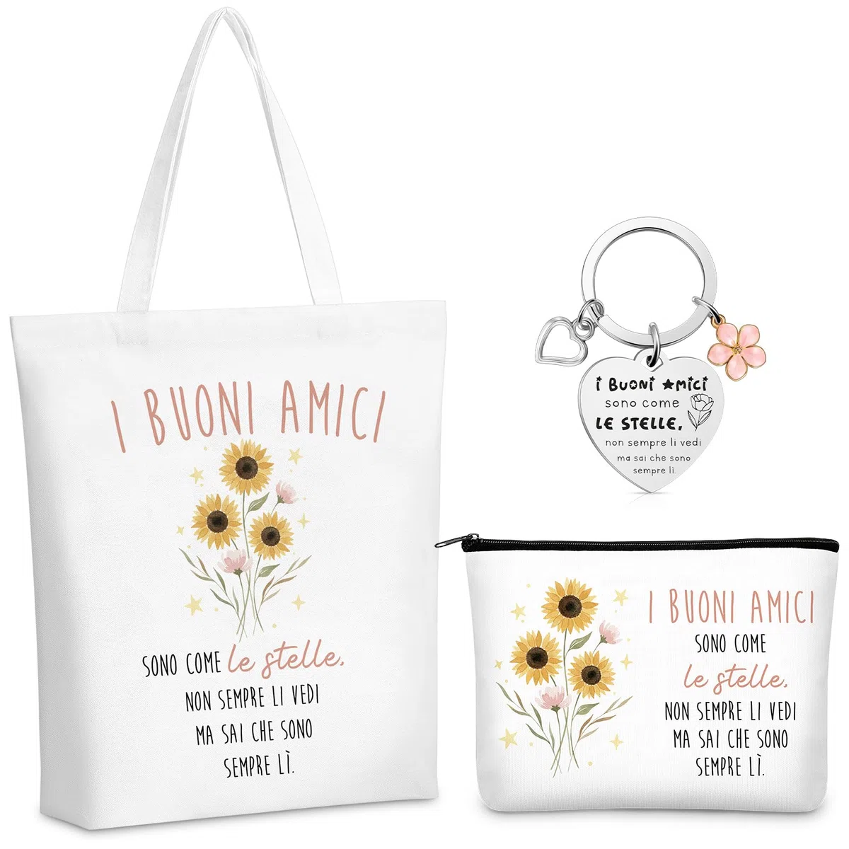Xuniea 3 Pezzi Set di Regali per Amica Natale 1 Portachiavi di Scritta Buoni Amici 1 Borsa Cosmetica per Amiche 1 Borsa di Tela Tote Bag Pochette Portatrucchi Regalo di Ringraziamento Donna Compleanno