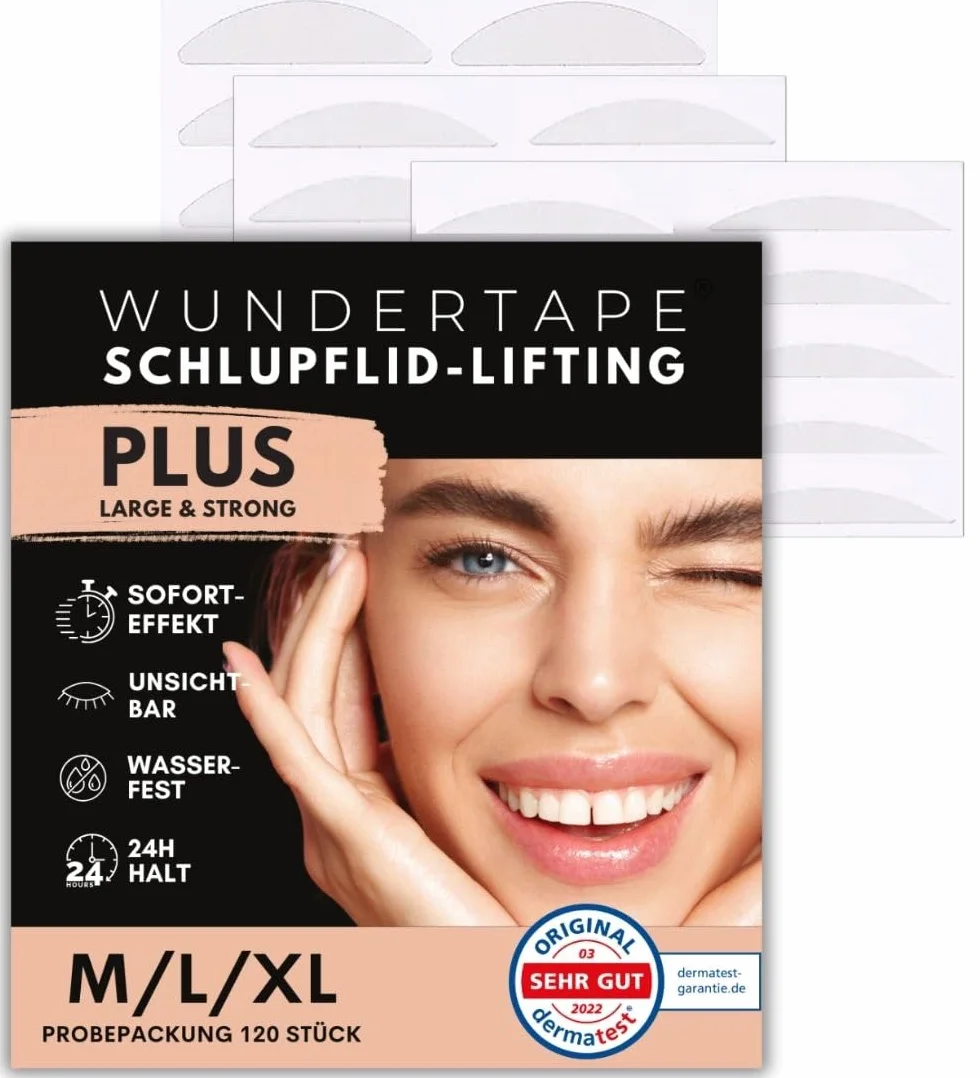 WUNDERTAPE Strisce adesive trasparenti & Strong per lifting delle palpebre senza chirurgia. (impermeabile, tenuta 24 ore, doppio nastro per lifting delle palpebre) (120 M + L + XL)