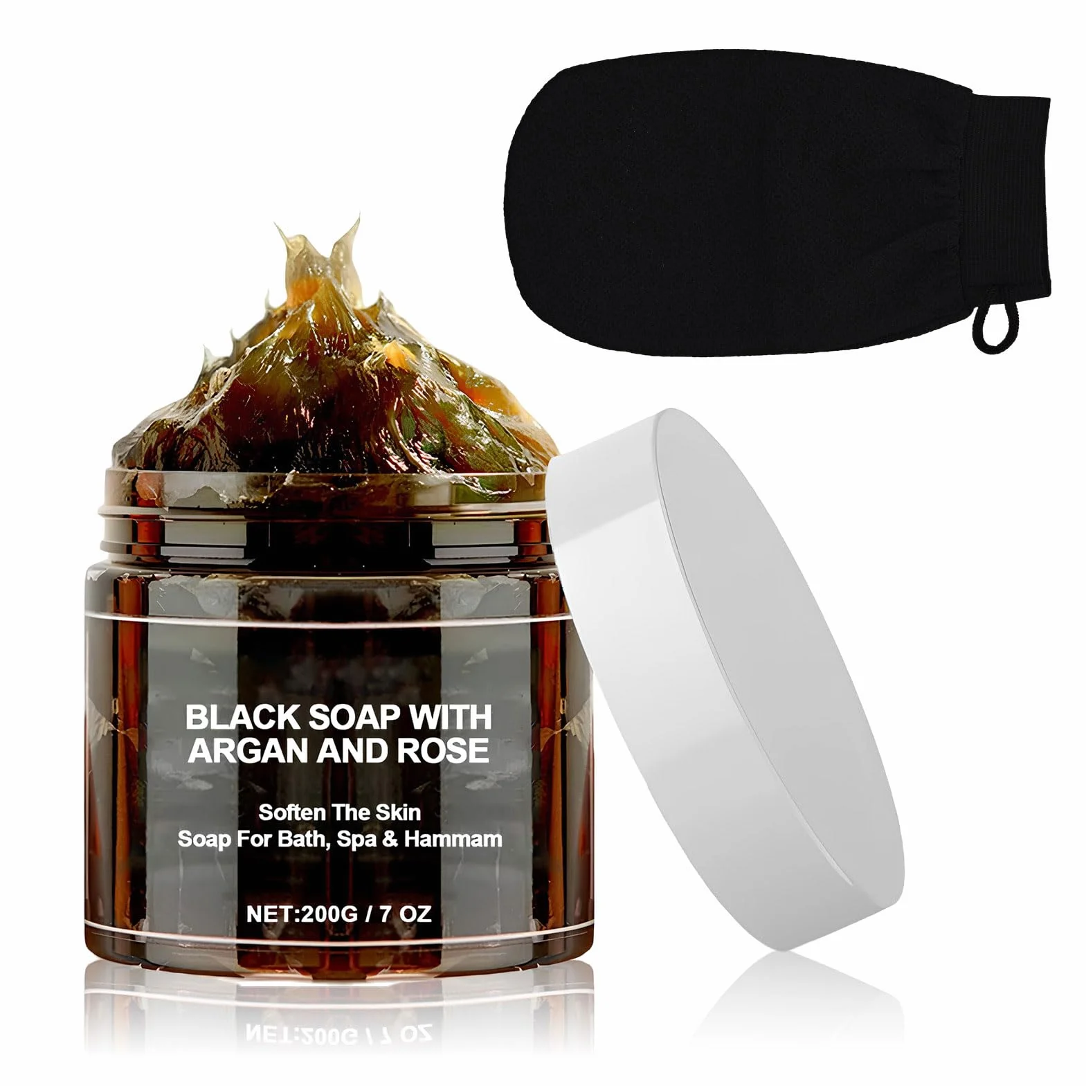 Sapone Nero Marocco con Argan e Rose,Morocco Black Soap con Guanto Esfoliante Corpo,100% Sapone Nero Marocchino Organico,Sapone Nero Scrub Corpo Sapone,Peeling Gel Doccia per Pelle Morbida