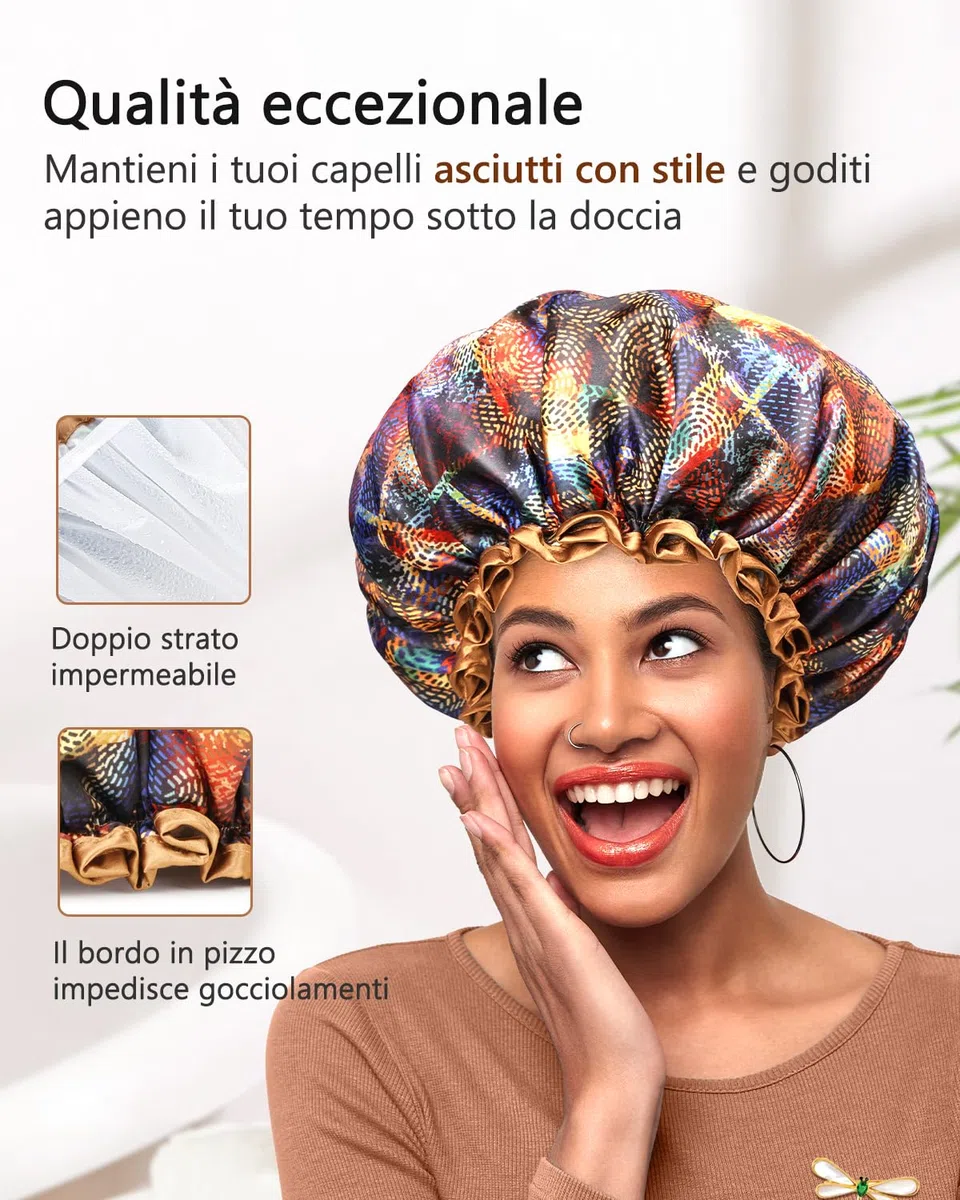 mikimini Grande Cuffia Doccia per Donne, Cappelli da Doccia Impermeabili Riutilizzabili per Capelli Lunghi e Spessi, Cuffie da Bagno Elestica Regolabili per Signore