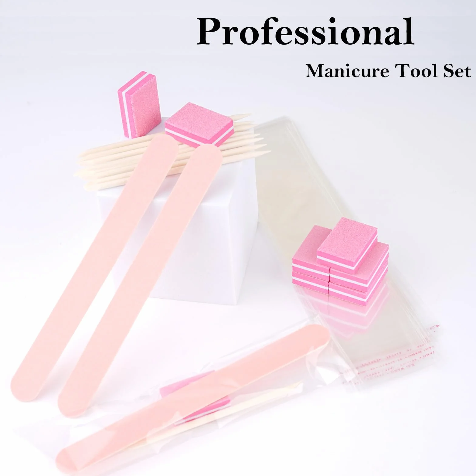 Kit di manicure usa e getta, 50 pezzi, include: 50 lime per unghie, 50 lucidatrici in miniatura, 50 bastoncini in legno, 50 sacchetti OPP + kit di accessori per unghie pressati, soggiorno e casa (rosa