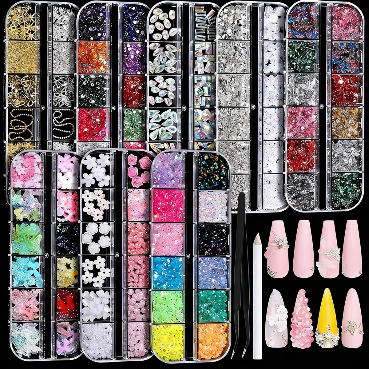8 Scatole Set di Decorazione per Unghie, Confezione Grande, Oltre 10000+ Strass/Glitter/Fiori 3D/Perline/Charm per Unghie, Accessori Professionali per Nail Art per Manicure Fai da Te