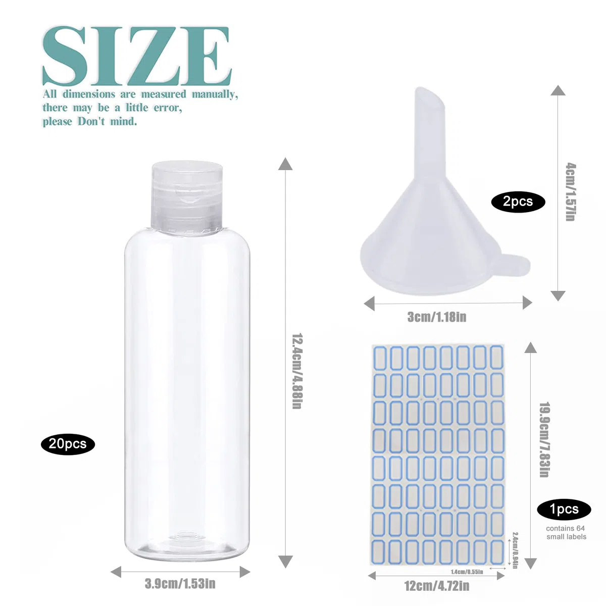 Set di 20 bottiglie da viaggio da 100 ml di plastica vuote da riempire per shampoo, balsamo, lozione, articoli da toeletta, con imbuto ed etichette