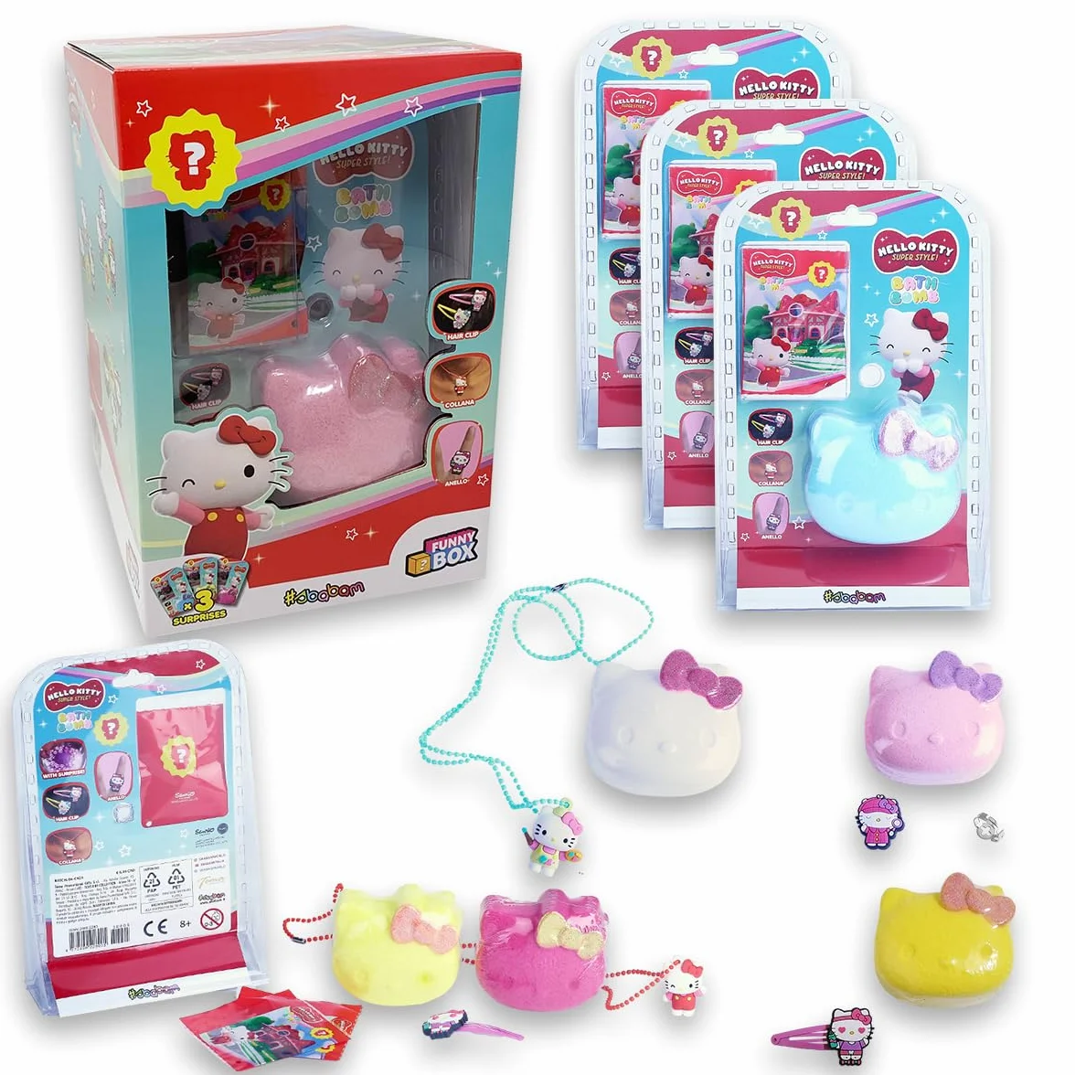 Sbabam FUNNY BOX Hello Kitty Bath Bomb, Bombe da Bagno Bambini con Sorpresa, 3 Pezzi, Puoi Trovare Anello, Collana o Molletta per Capelli - Hello Kitty Gadget per Regalo Bambina 8 Anni, Giochi Bambina