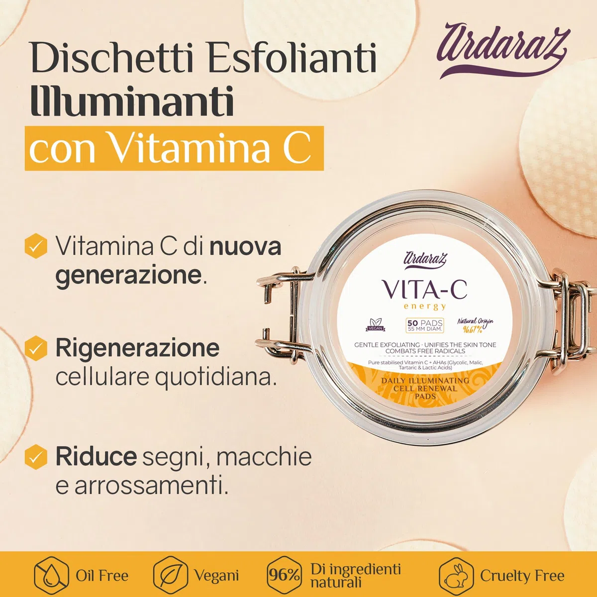 Ardaraz Dischetti di Rinnovamento Cellulare con Vitamina c e Acido Glicolico. Dischetti Antimacchia imbevuti di tonico esfoliante viso delicato. Peeling Chimico Viso uso quotidiano. 50 pz