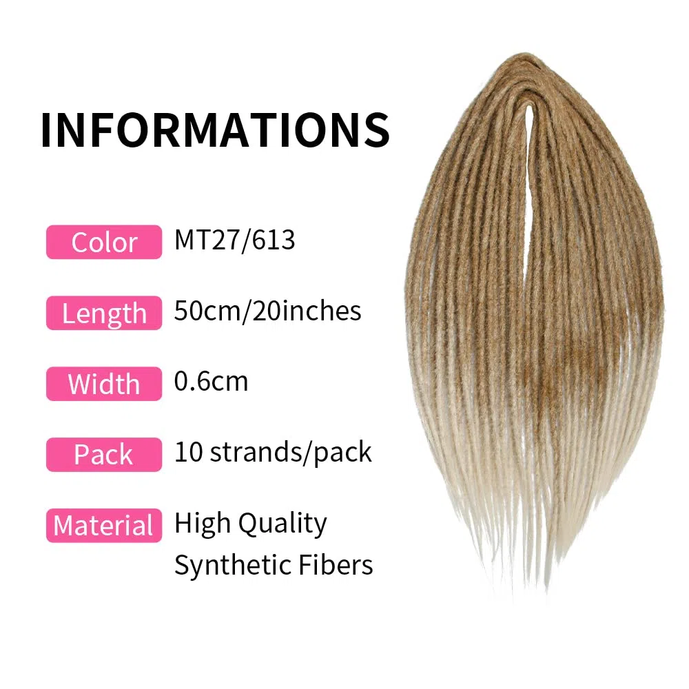 Estensioni di Dreadlock Sintetici Sottili 0,6cm Capelli Intrecciati All'Uncinetto Morbidi Dreadlocks A Punta Singola Stile Hippie Reggae Hip-Hop (20INCH-Double Ended, MT27-613#)