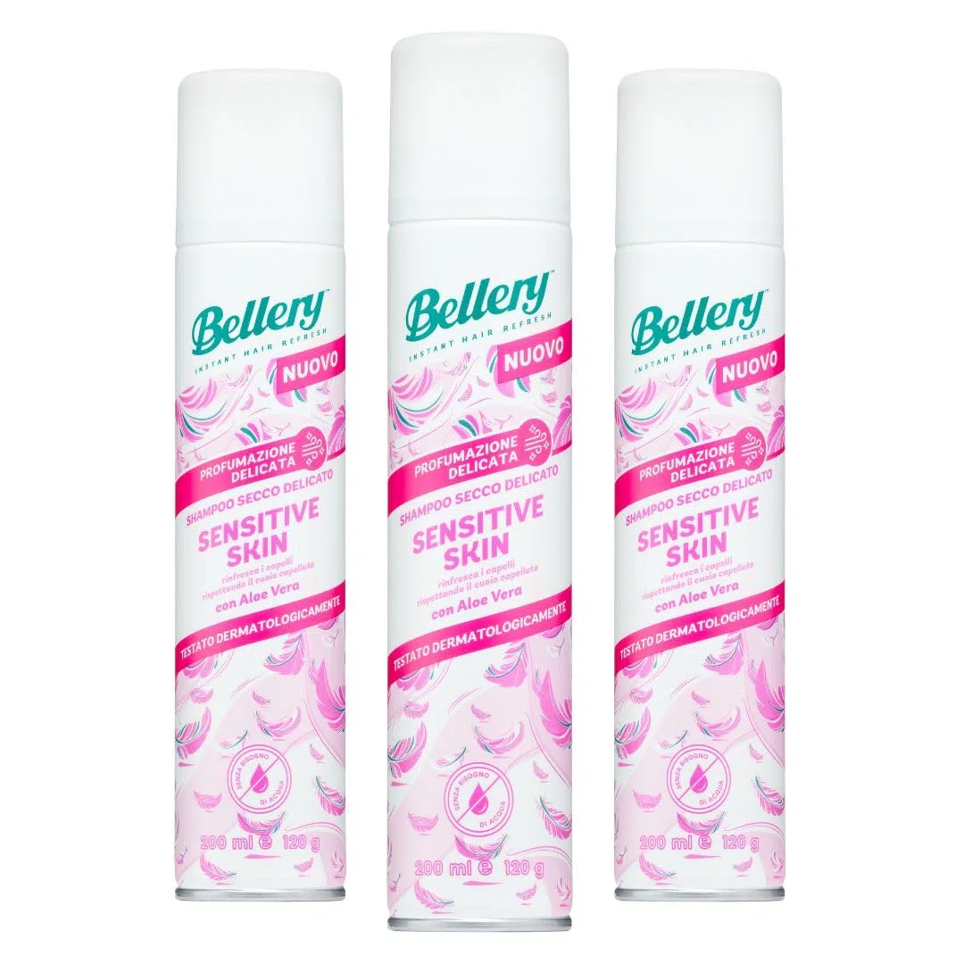 Bellery Sensitive Skin con Aloe Vera - Shampoo Secco Spray per Tutti i Tipi di Capelli - Formula leggera con Profumazione delicata e dermatologicamente testata – Per Pelle sensibile – 3 x 200ml