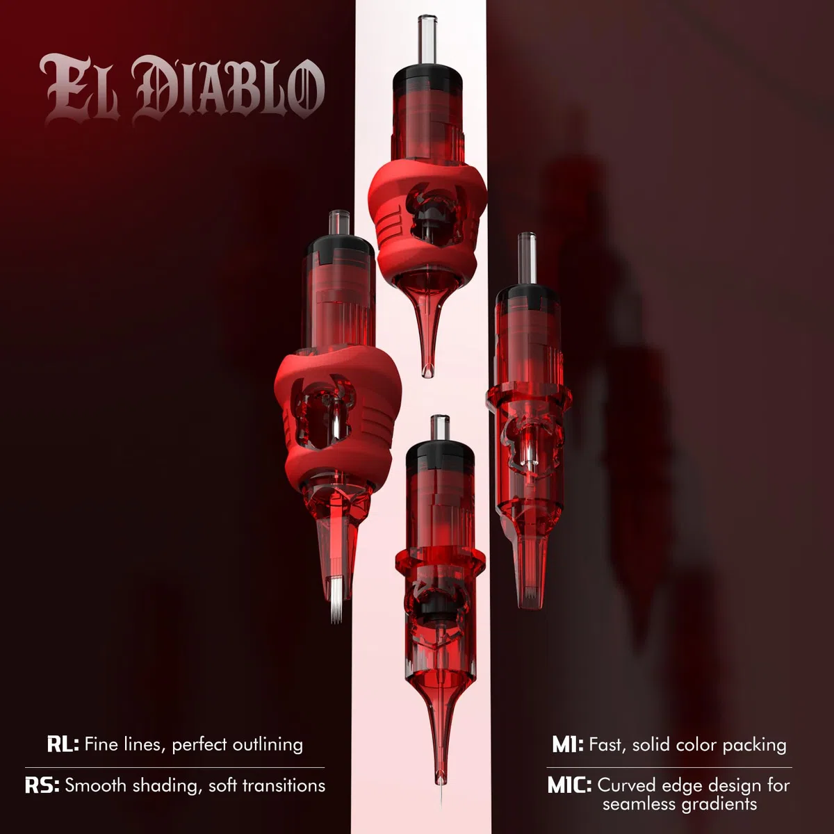 INKin Aghi Tattoo 1RL con Impugnatura in Silicone, 20pezzi #10 Bugpin 0,30mm Cartucce Tattoo con Punta Estesa da 13mm e Superficie Testurizzata per un Flusso di Inchiostro Fluido (EL Diablo 1001RL)