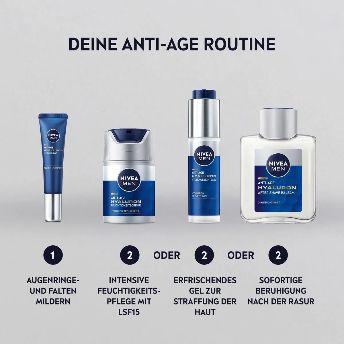 NIVEA MEN Gel viso anti-età Hyaluron Hydro, rinfrescante cura del viso con ialurone e pro-retinolo, gel ad assorbimento rapido per 24 ore di umidità intensa e attenua le rughe visibili (50 ml)