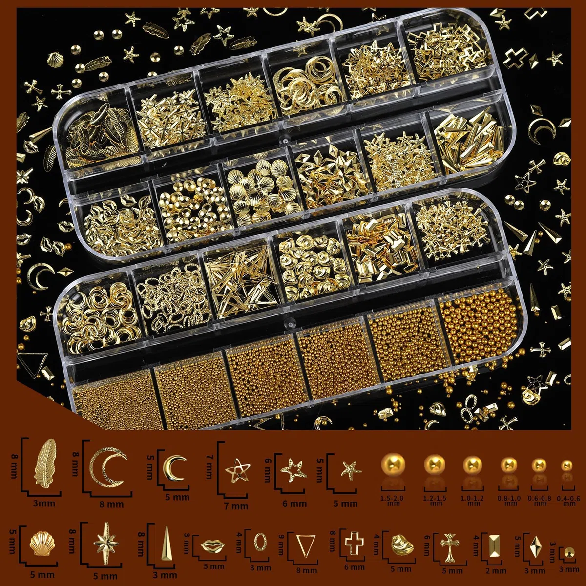 Charms dorati per unghie, strass 3D, set di 4 scatole con perle e gemme, accessori nail art per donne e ragazze.
