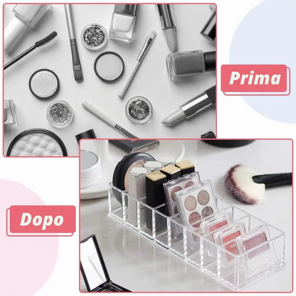 QINERSAW 2 Organizer per Trucchi 8 Scomparti in Acrilico Organizer Trucchi Trasparente Rimovibili Scatola Portaoggetti per Cosmetici per bagno, Camera da Letto (25.3 * 9 * 4.8CM)