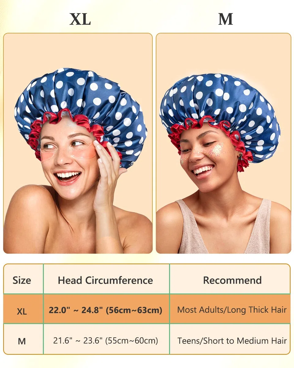 mikimini Cuffia doccia riutilizzabile e impermeabile da donna – Cuffia doccia grande per capelli lunghi con fascia elastica, cuffia doppio strato con classico motivo a pois per capelli spessi e trecce