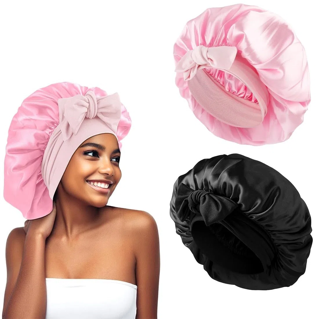 2pcs Cuffia Seta Capelli Ricci,Cuffia Capelli Ricci Notte,Cuffia in Seta per Dormire,Berretto da Notte in Seta con Cinghie Regolabili,Berretto per Dormire in Raso Morbido e Confortevole