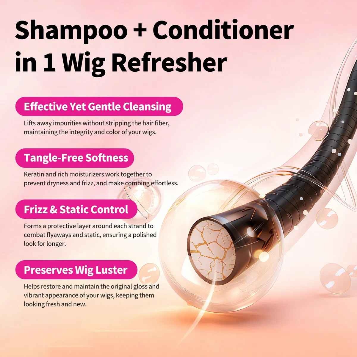 Gowwim Shampoo e balsamo 2 in 1 per parrucca, districante e controllo delle arricciature per parrucche sintetiche e vere, pulizia profonda, idratante e levigante, 100 ml