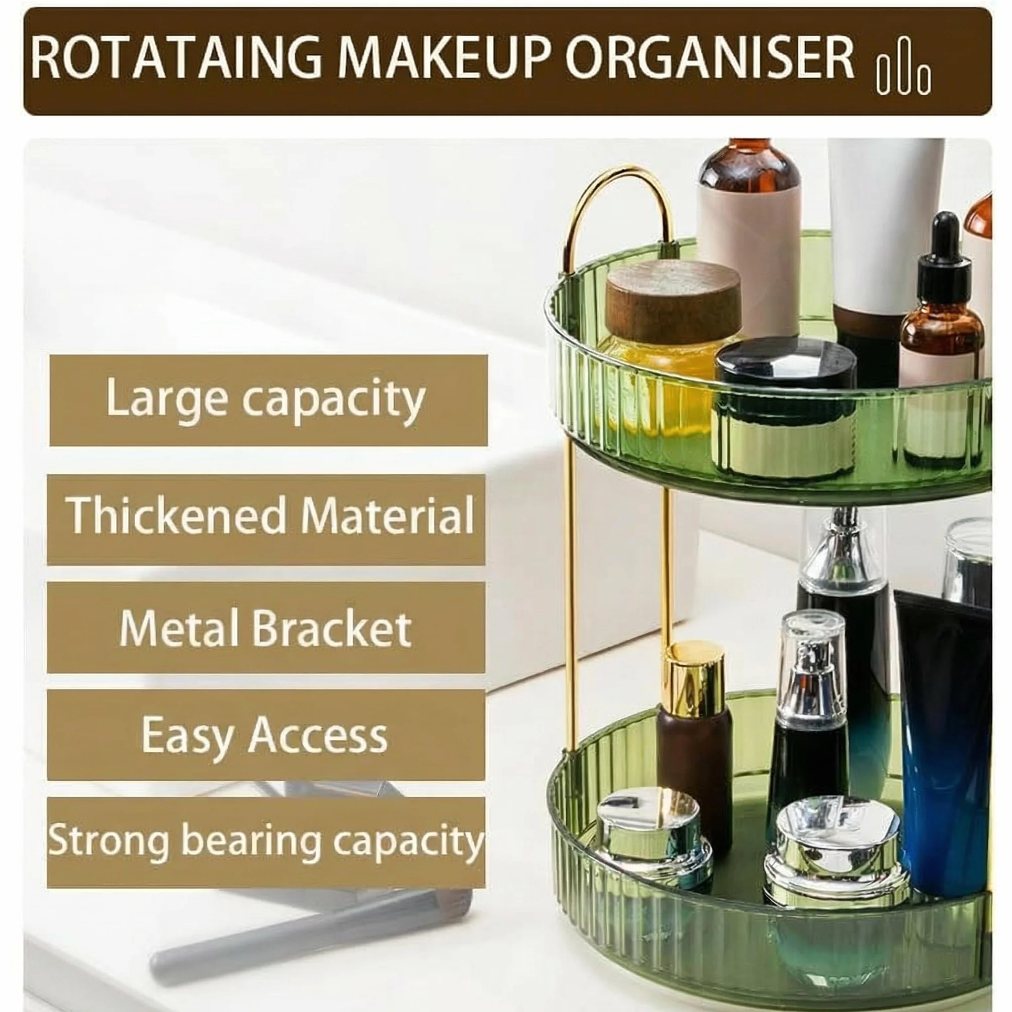 Organizzatore per trucchi rotante a 360 gradi, organizer per cosmetici per la cura della pelle, organizer per profumi, spezie, per comò, camera da letto, bagno (2 ripiani, oro)