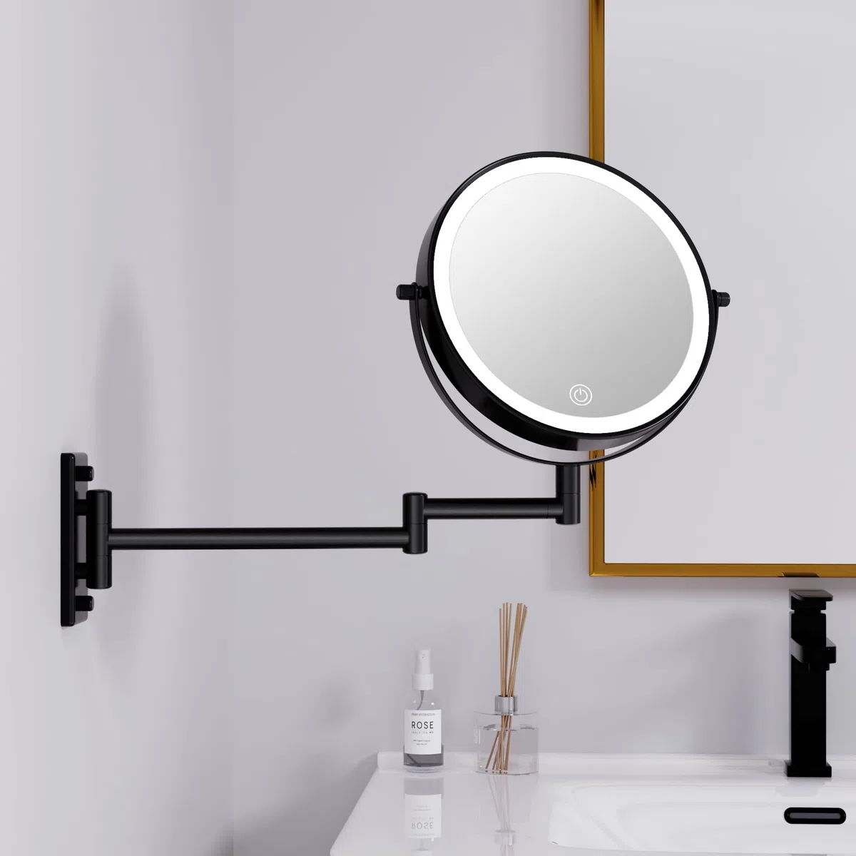 Specchio ingranditore illuminato da parete 10X specchio da trucco con 3 modalità di colore touch screen dimmerabile ricarica USB specchio da trucco allungabile a doppio lato da 20 cm finitura nera.